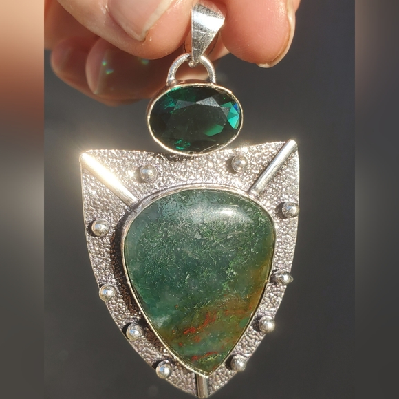 New Indian Moss Agate and Chrome Diopside Silver Pendant. - Picture 4 of 16